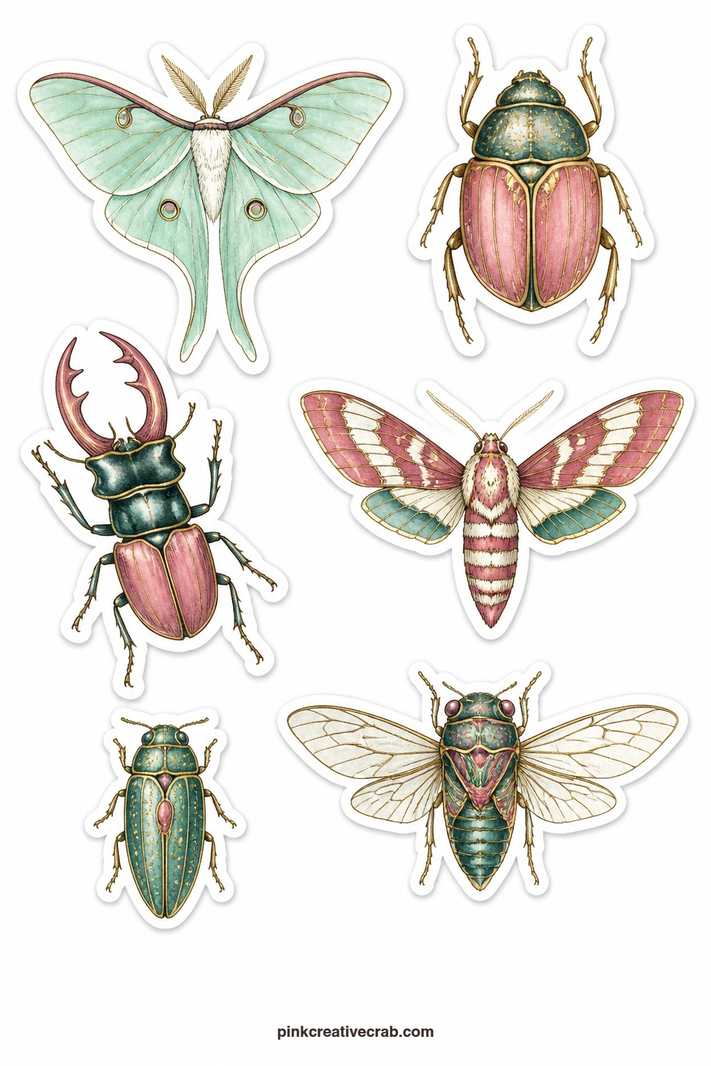 Moths and Beetles Stickers printable page — A luna moth, a scarab, a stag beetle, a hawk moth, a jewel beetle and a cicada give this sheet six specimens, drawn