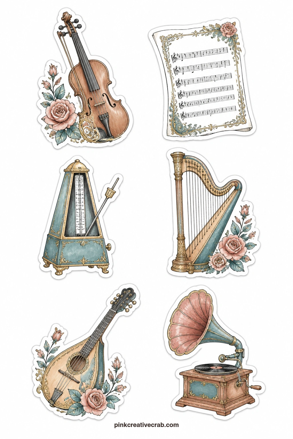 Old Music Stickers printable page — A violin, a sheet music page, a metronome, a harp, a mandolin and a phonograph fill this sheet, six instruments and pieces