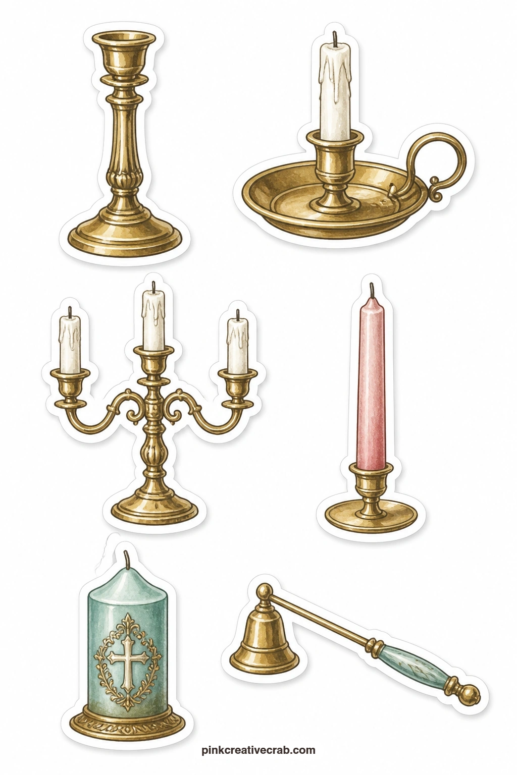 Candles and Holders Stickers printable page — A brass candlestick, a chamberstick, a candelabra, a taper candle, a church candle and a candle snuffer make up