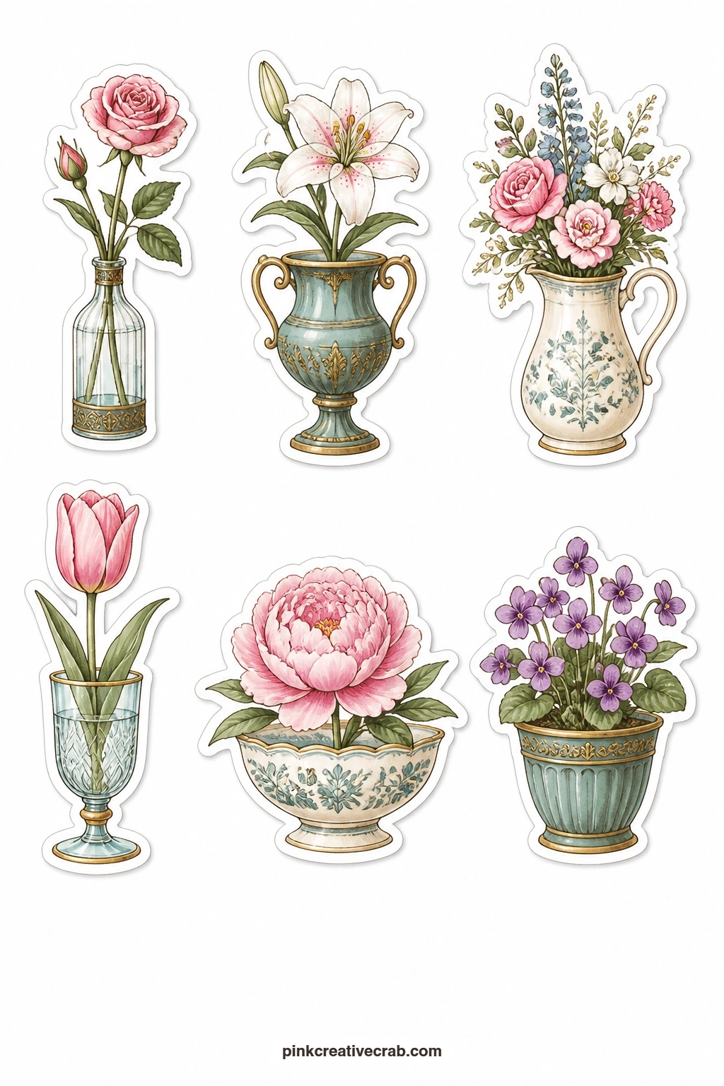 Flowers in Old Vases Stickers printable page — A rose in a bud vase, a lily in an urn, a bouquet in a jug, a tulip in a glass, a peony in a bowl and a violet