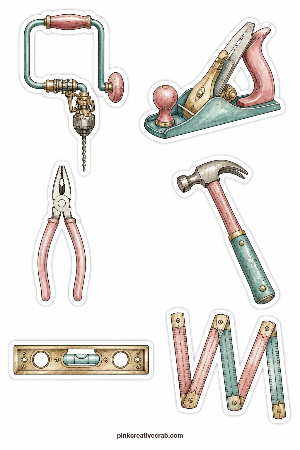 Antique Hand Tools Stickers printable page — A hand drill, a wood plane, a pair of pliers, a hammer, a brass level and a folding ruler make up this sheet of