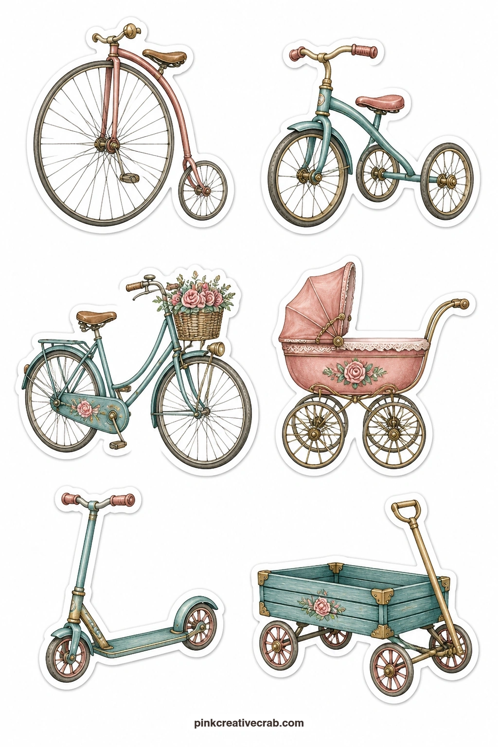 Bicycles and Prams Stickers printable page — A penny farthing, a tricycle, a vintage bike with a basket, a pram, a scooter and a wagon fill out this sheet, six