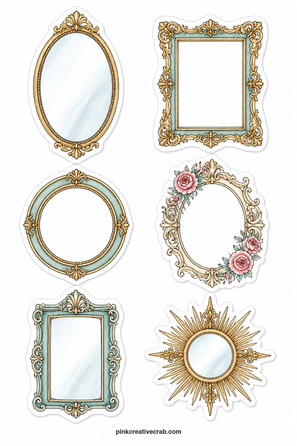 Mirrors and Frames Stickers printable page — An oval mirror, a gilded frame, a round frame, a frame with roses, a carved frame and a sunburst mirror close out