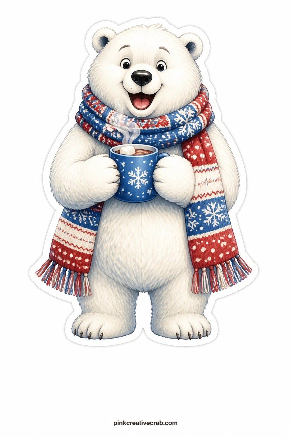 The Cocoa Bear printable page — Delight sits all over this polar bear's face as it wraps both paws around a steaming mug of cocoa, a knitted scarf looped twice