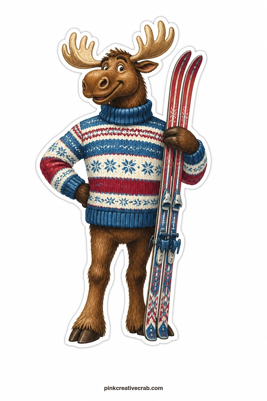 The Proud Skier Moose printable page — Chest out and chin high, this moose shows off a pair of skis slung over one shoulder, proud of the sweater it clearly
