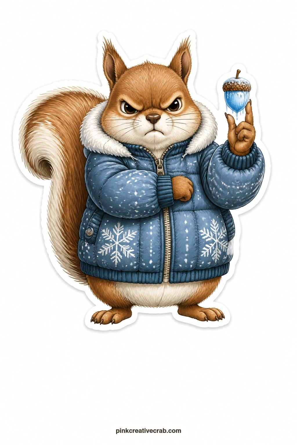 The Grumpy Acorn Squirrel printable page — Arms crossed and brow furrowed, this squirrel holds up a frozen acorn like proof of a great injustice, which makes a