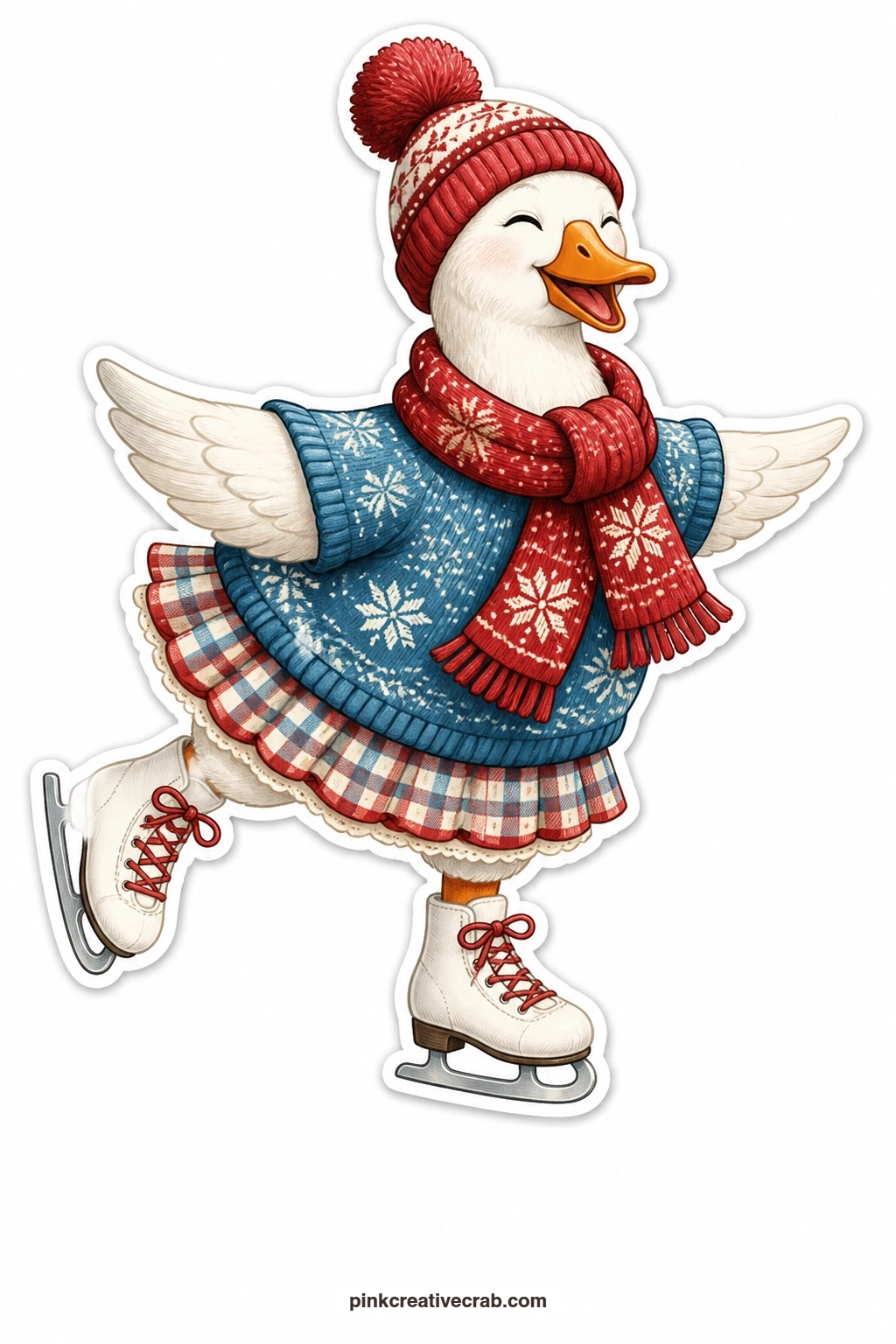 Mrs Goose on Ice Skates printable page — Mid-glide on a pair of ice skates, this goose giggles with its wings slightly out for balance, a bobble hat bouncing