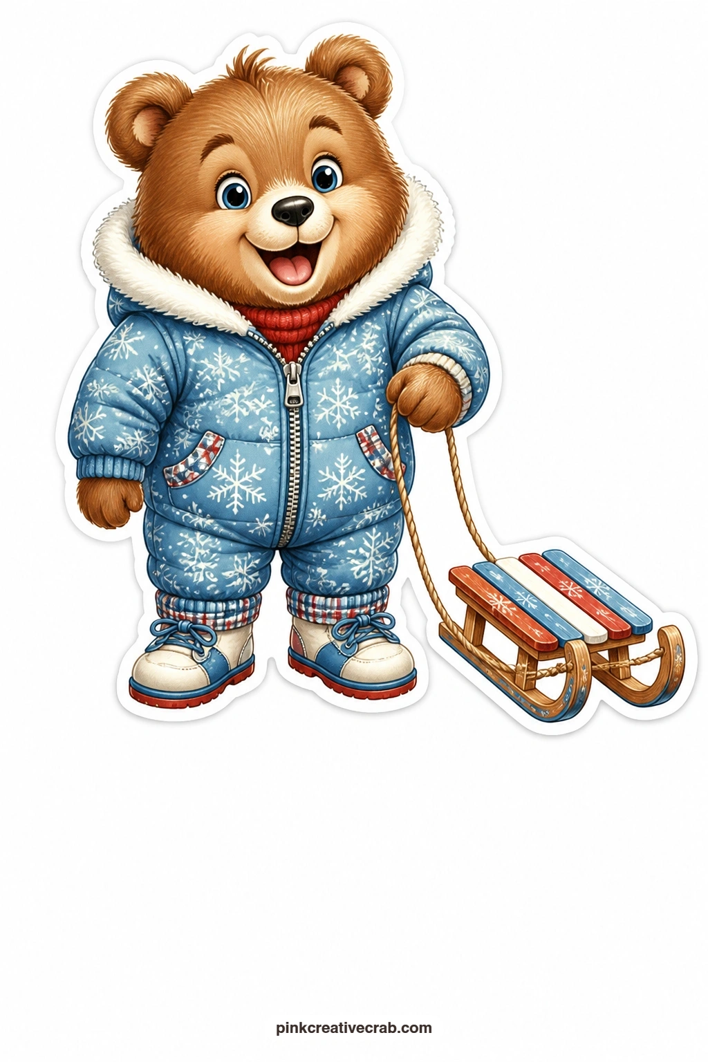 The Sled Cub printable page — Overjoyed and bundled into a padded snowsuit, this bear cub drags a little wooden sled behind it, clearly heading straight for