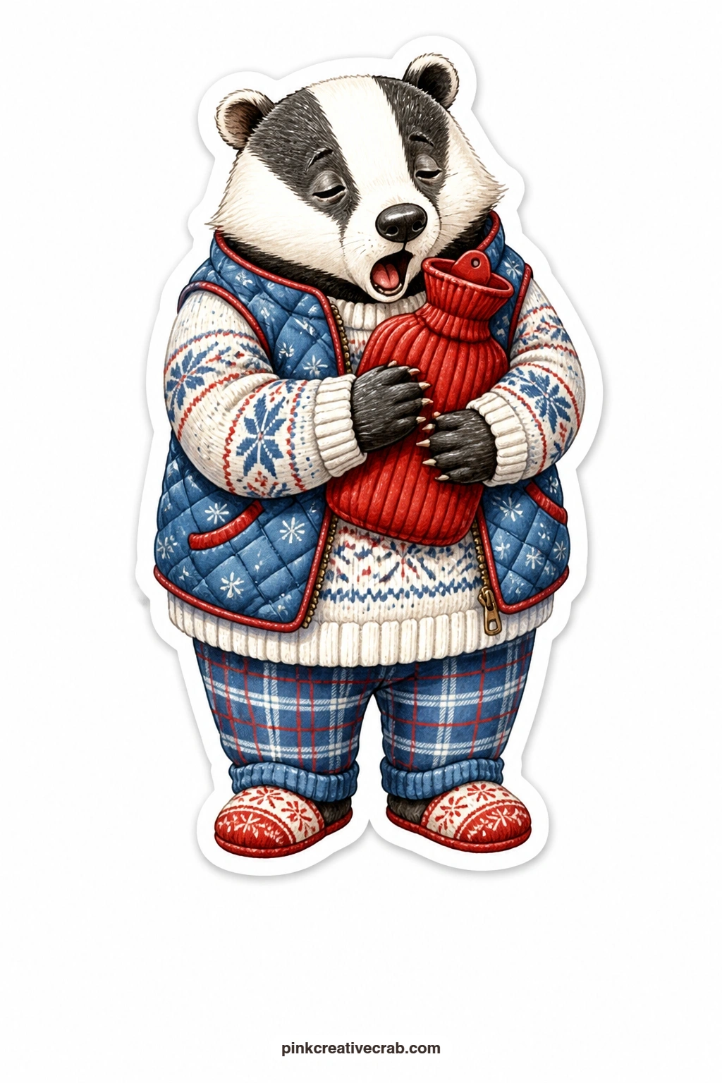 The Sleepy Badger With a Hot Water Bottle printable page — Eyes half closed and shoulders slumped, this badger carries a hot water bottle against its chest