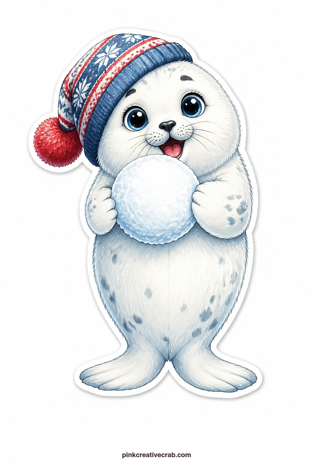 The Snowball Seal Pup printable page — Delighted with its catch, this seal pup holds up a perfectly round snowball in both flippers, a pom-pom hat tipped
