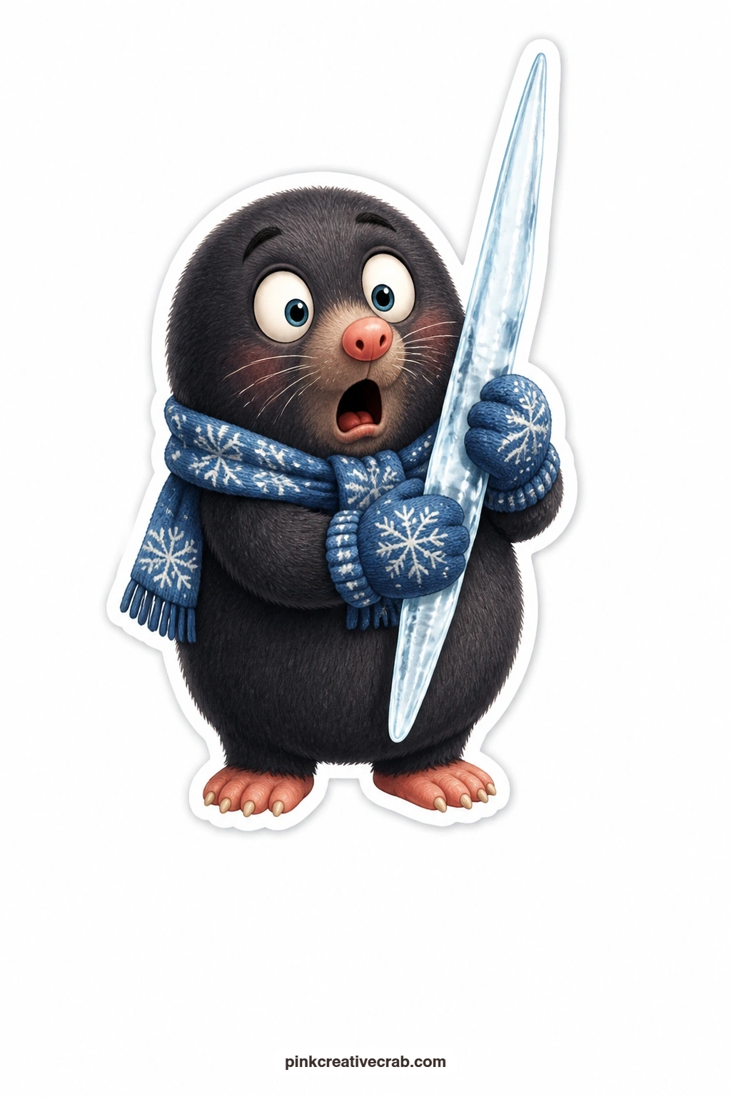 The Shocked Icicle Mole printable page — Eyes wide in total surprise, this mole holds a long icicle almost as tall as itself, mittened paws gripping the middle