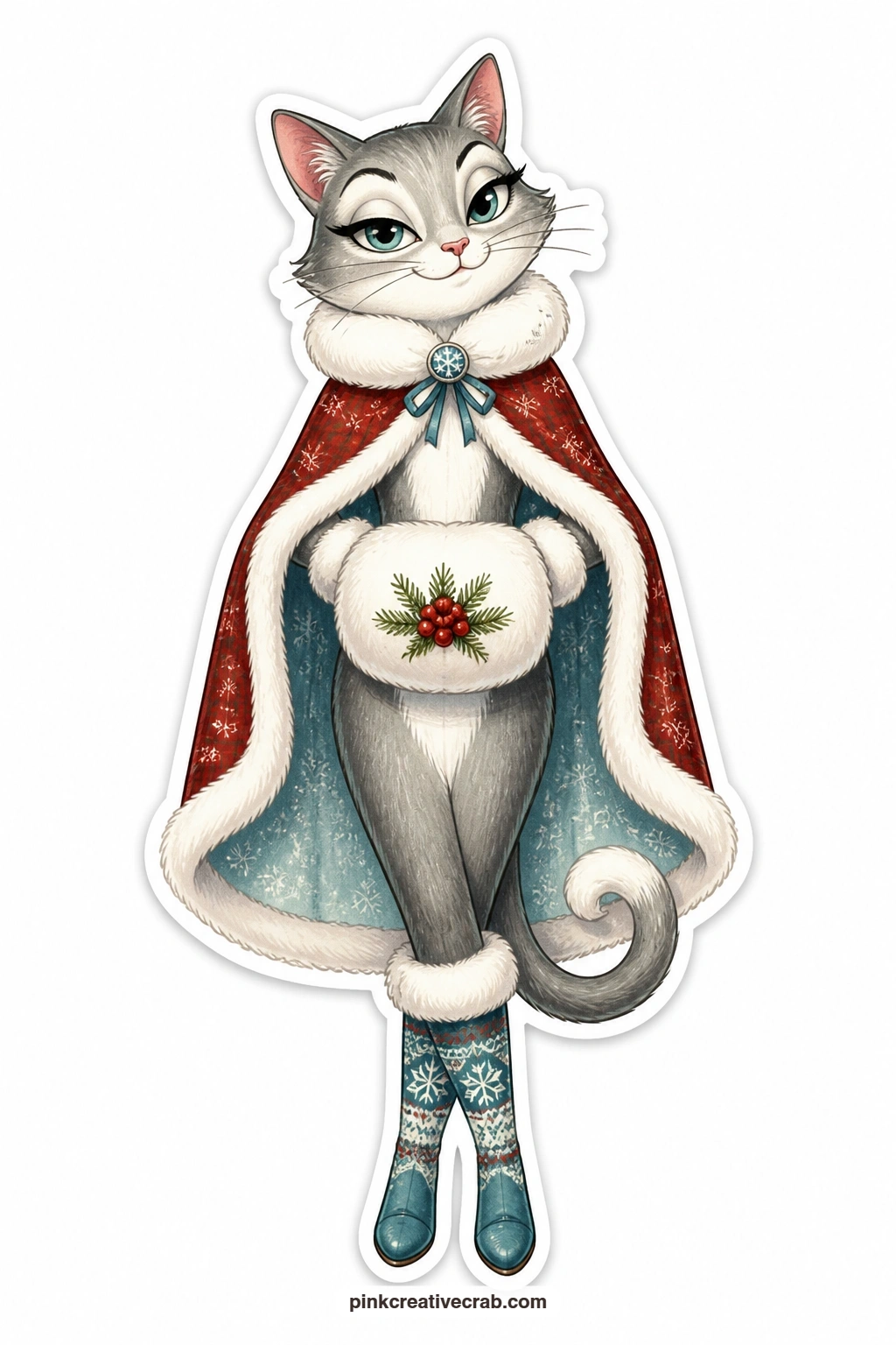 The Sassy Cat in a Fur Cape printable page — One eyebrow raised and chin tilted up, this cat wears a fur trimmed cape like it owns the whole snowy street, paws