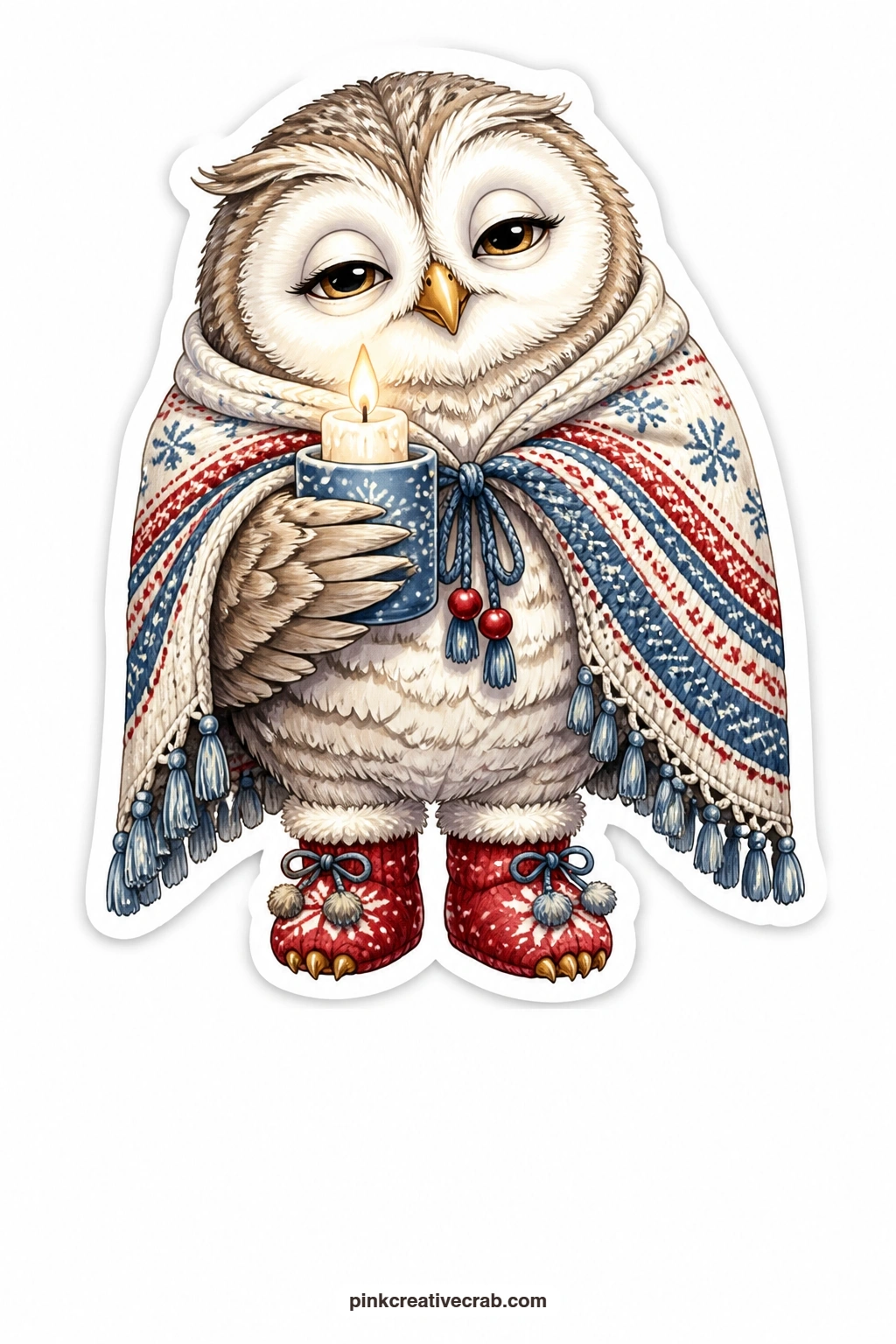 The Candlelit Owl printable page — Settled in for the evening, this owl wraps itself in a knitted shawl and holds a single lit candle, wide eyes glowing softly