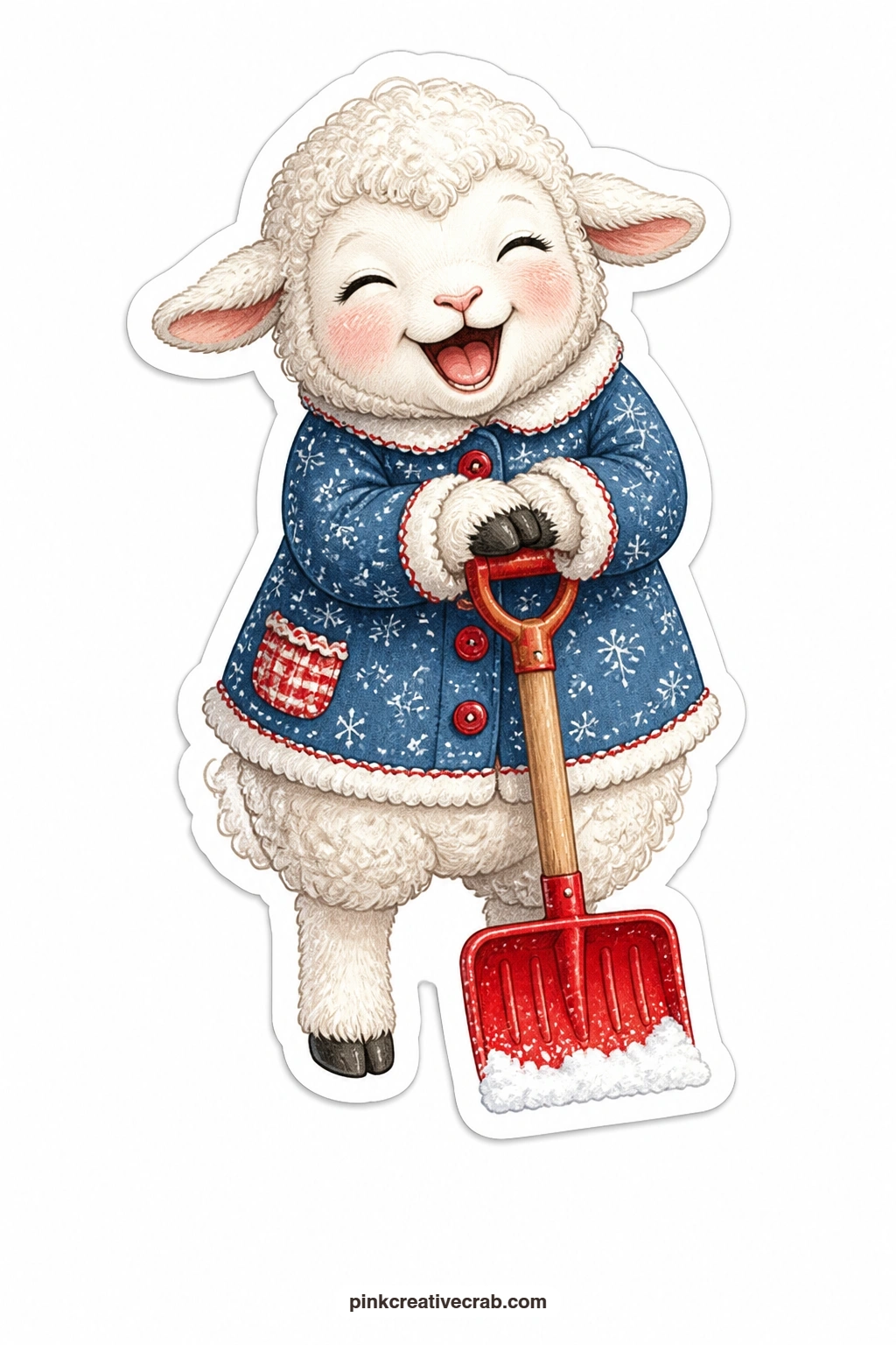 The Giggling Shovel Lamb printable page — Leaning on a little snow shovel, this lamb giggles at some small winter mishap just out of view, wool coat buttoned