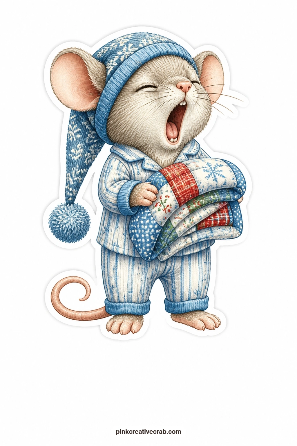 The Yawning Nightcap Mouse printable page — Clutching a tiny folded quilt, this mouse yawns wide in a long nightcap, clearly ready for bed the moment the last