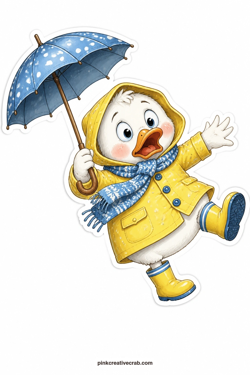 The Flustered Duck With an Umbrella printable page — Caught mid-slip on a patch of ice, this duck flaps one wing out for balance while the other grips an