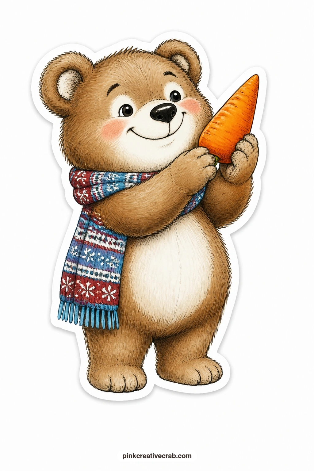 The Proud Carrot Nose Bear printable page — Holding a carrot nose up like a trophy, this little bear beams with pride at having found the perfect finishing