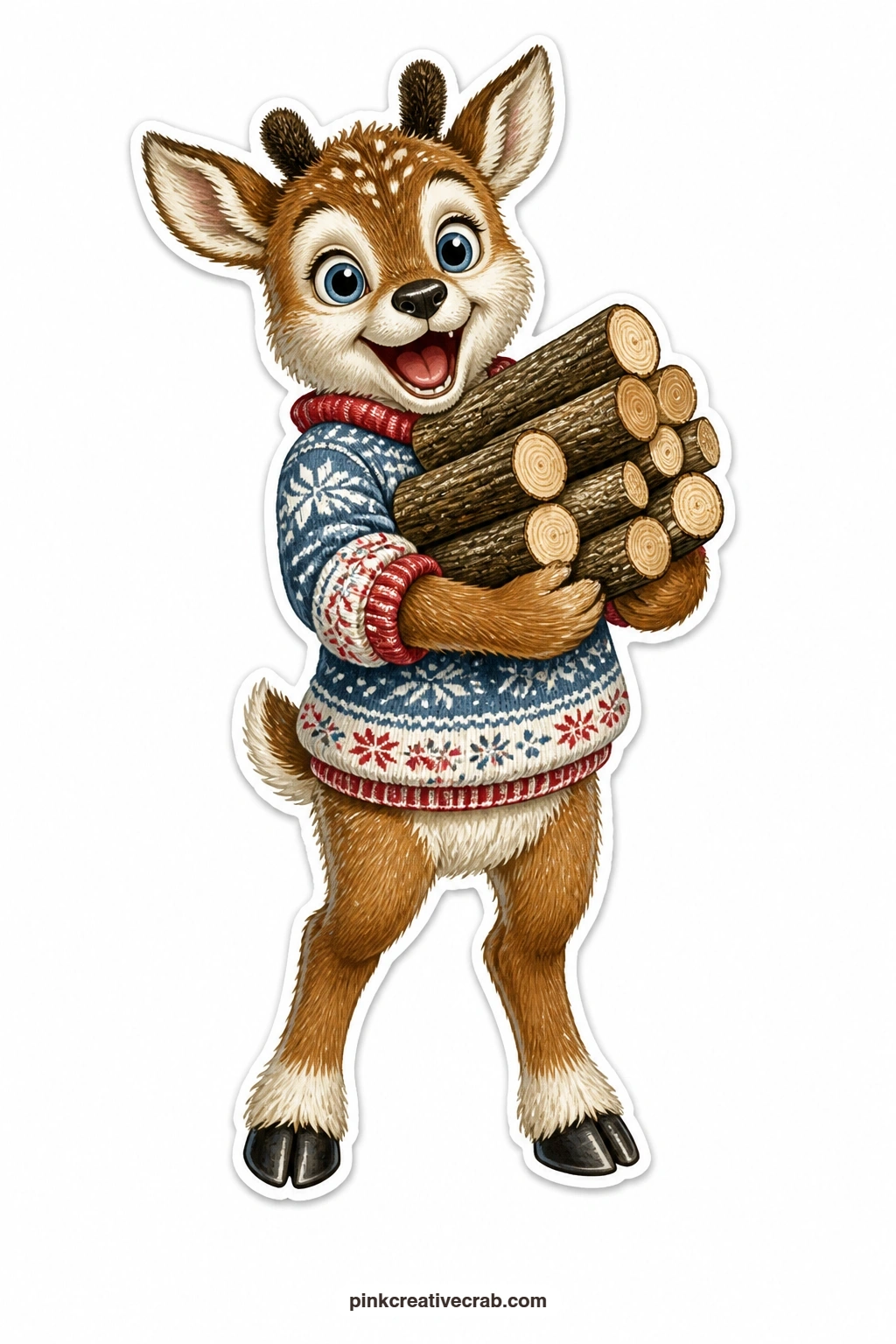 The Excited Firewood Reindeer printable page — Arms full to the chin with firewood, this reindeer calf bounces with excitement at the thought of the fire about