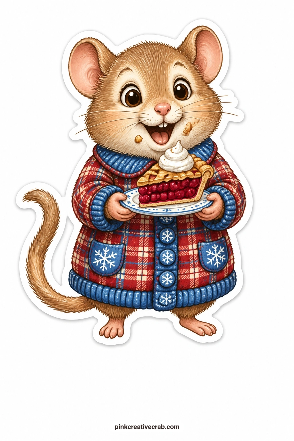 The Pie Loving Dormouse printable page — Delighted beyond words, this dormouse in a plaid coat holds a slice of warm pie up close, steam curling off the top