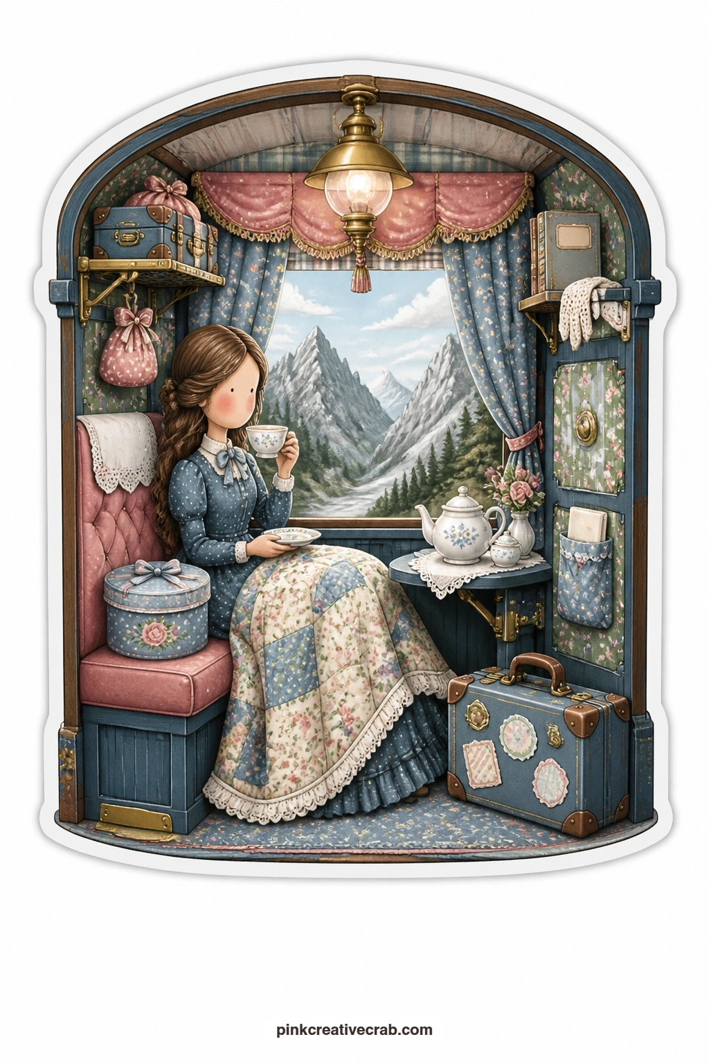 The Teatime Carriage printable page — Settling into a railway compartment, a young woman in a soft blue travelling dress lifts a teacup from its saucer while a