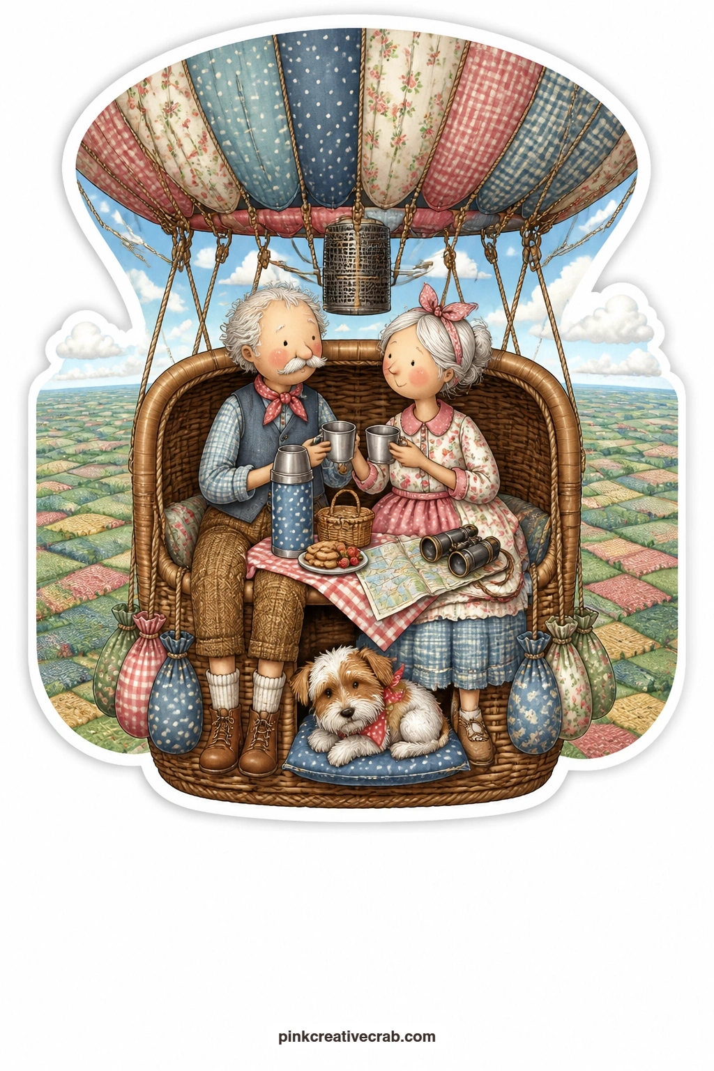 The Picnic Balloon Basket printable page — Sharing a basket lined with a chequered cloth, an elderly couple pass a pair of binoculars back and forth while a