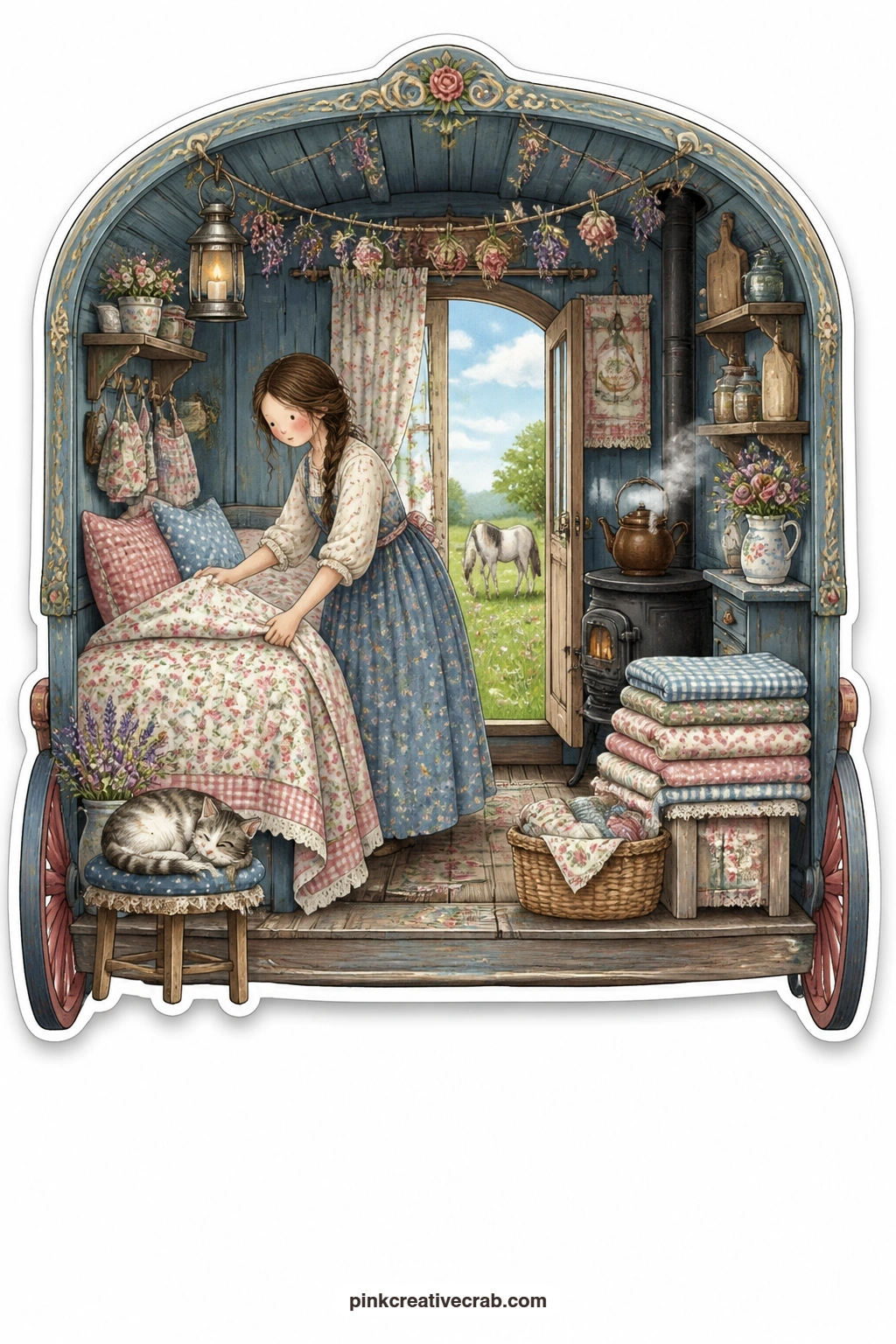 The Caravan Bedtime printable page — Smoothing a floral quilt over a narrow bed, a young woman in an apron tucks in the corners while a kettle warms on a tiny