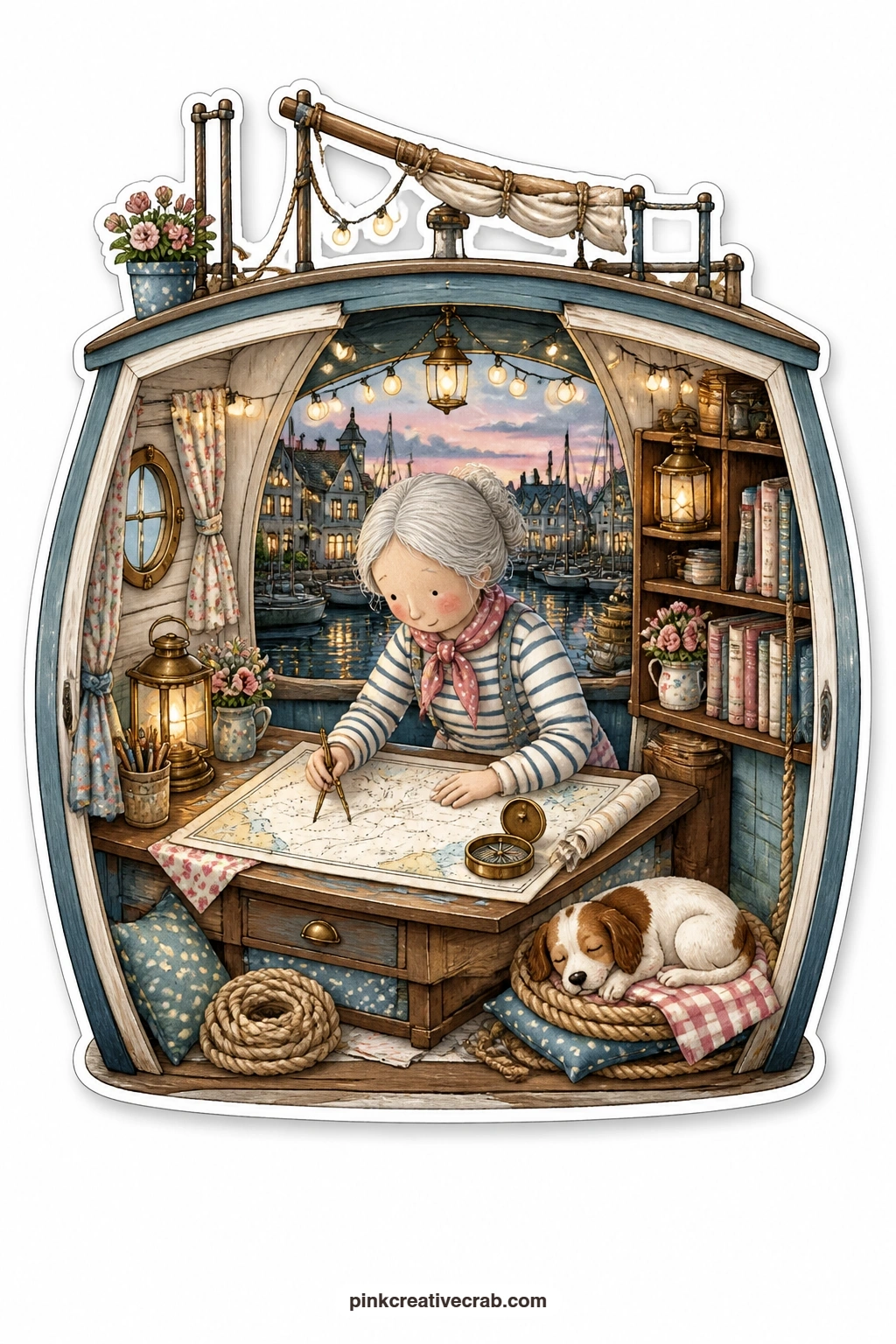 The Harbor Chart Table printable page — Bent over a chart table in a sailboat cabin, an elderly woman in a striped jumper traces a route with a brass compass