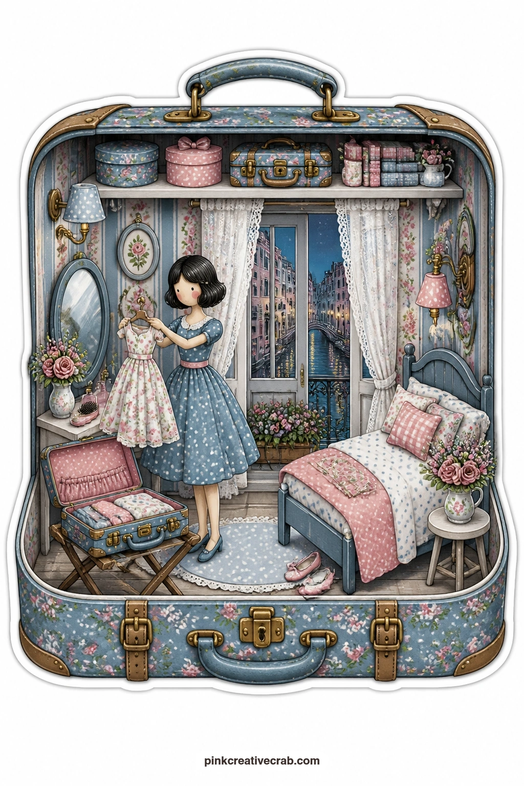 The Canal City Suitcase printable page — Unpacking a floral dress from an open suitcase, a young woman stands beside a balcony door in a small hotel room, a