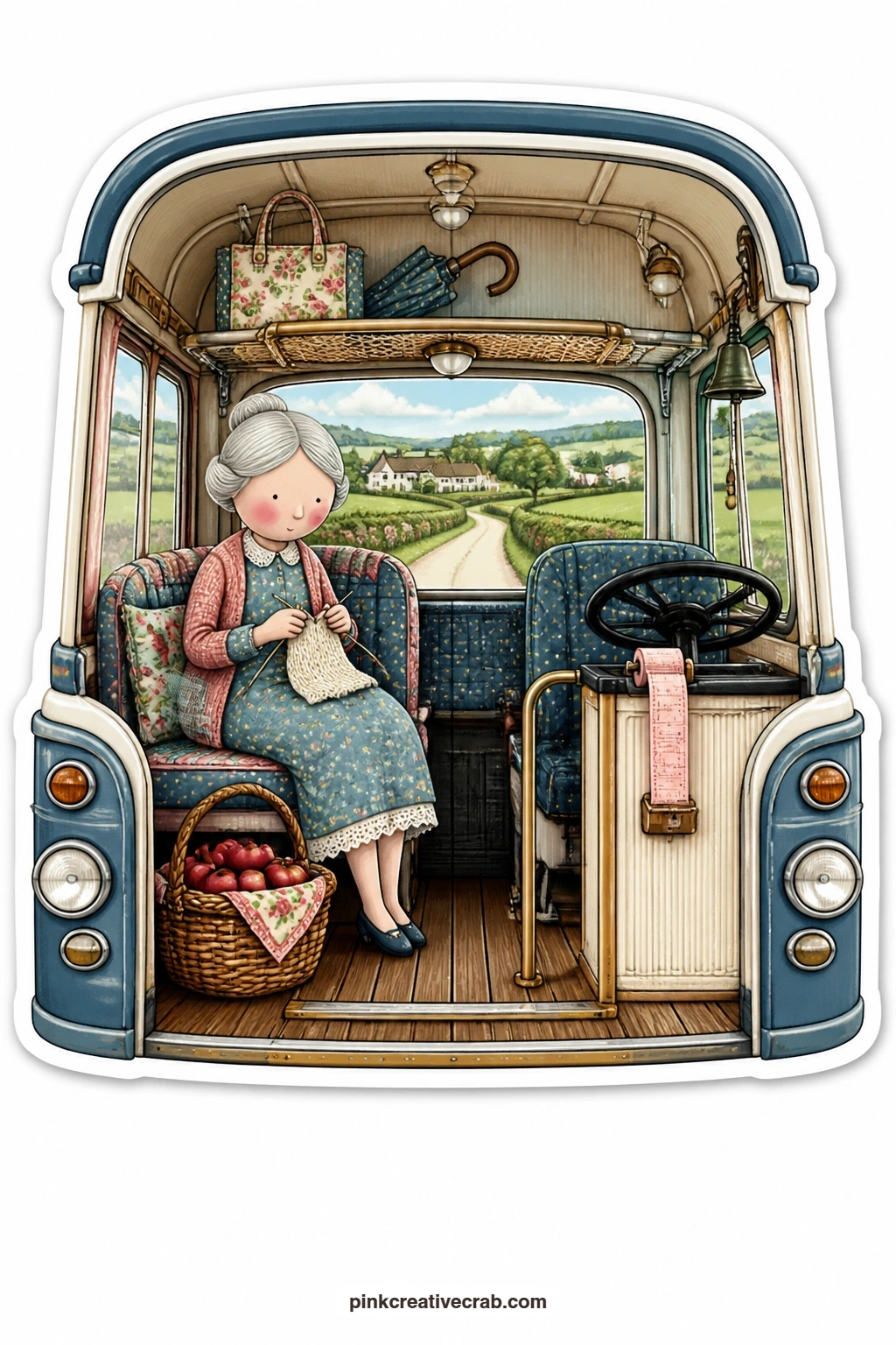 The Country Lane Bus printable page — Knitting away on a window seat of a cheerful little bus, an elderly woman in a cardigan keeps a basket of rosy apples at