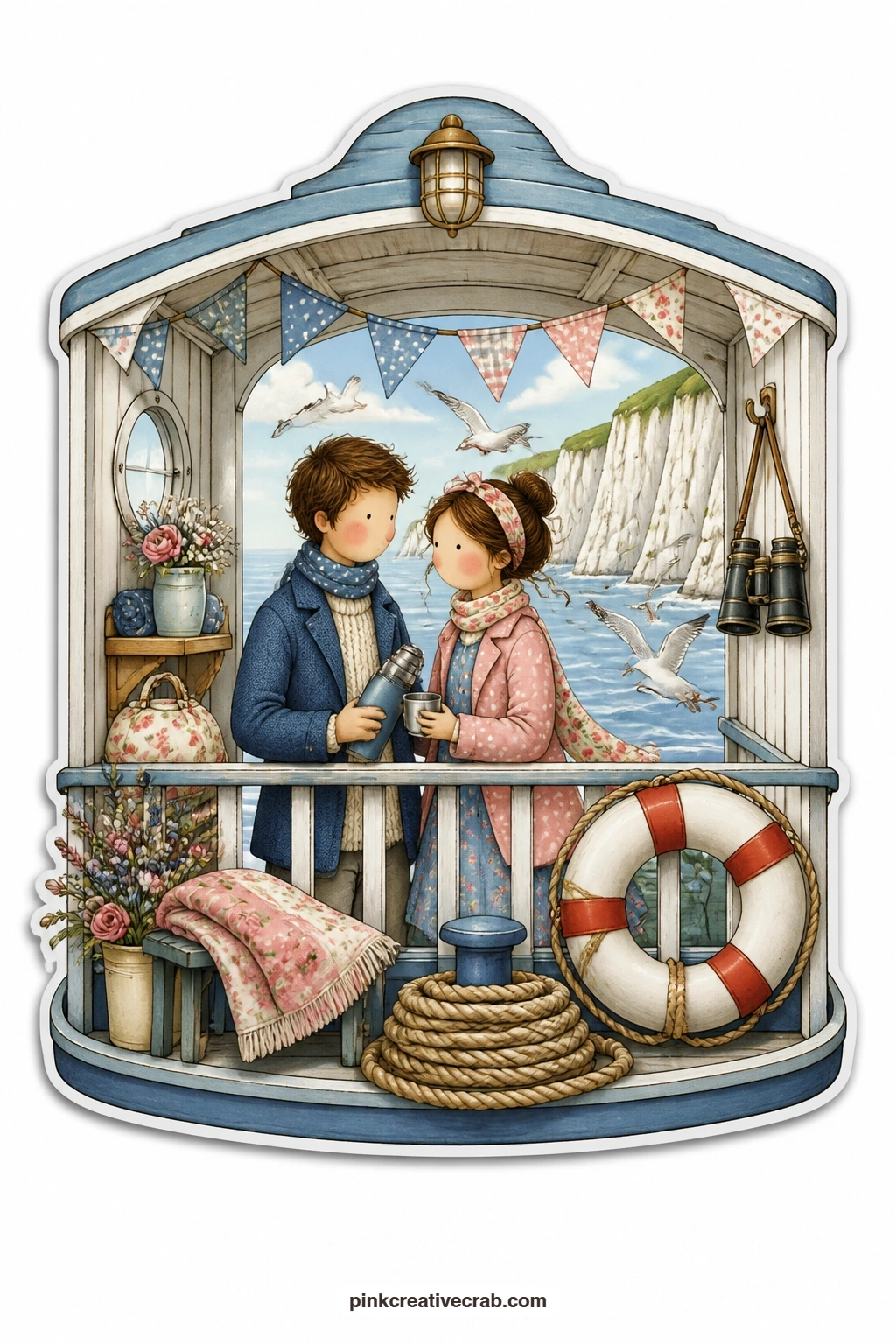 The Cocoa Ferry Deck printable page — Leaning together at the rail of a small ferry cabin, a young couple watch gulls wheel past while sharing a flask of