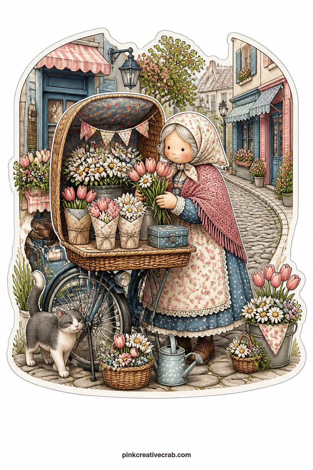 The Cobbled Lane Flower Cart printable page — Leaning her bicycle against a lamppost, an elderly woman sells bunches of flowers straight from the basket