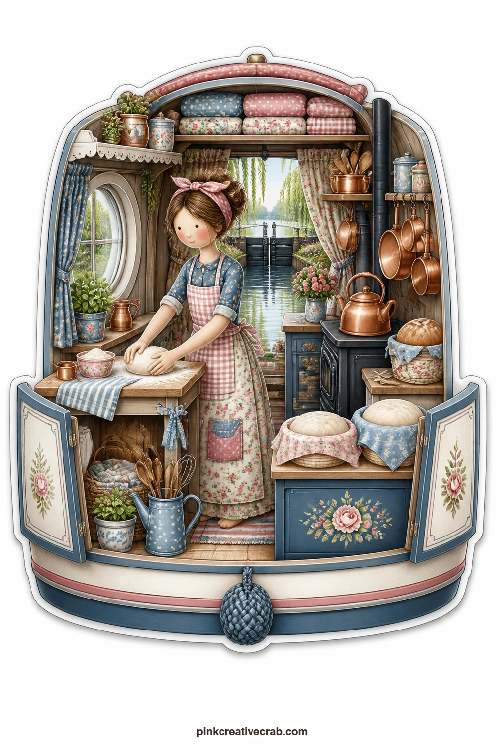 The Willow Lock Kitchen printable page — Kneading dough on a narrow counter beside a round porthole window, a young woman bakes bread in the galley of a canal