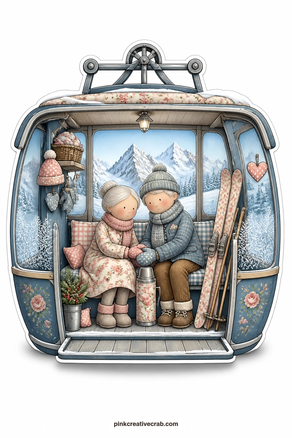 The Snowy Peaks Cable Car printable page — Holding hands on the bench of a little cable car, an elderly couple ride upward with a pair of skis propped between