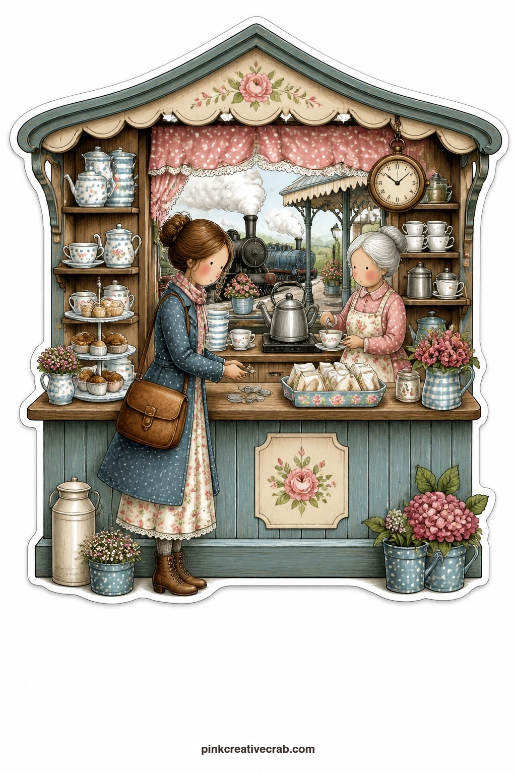 The Platform Tea Kiosk printable page — Counting out coins at a little station kiosk, a young woman buys a cup of tea and a warm bun while steam trains wait