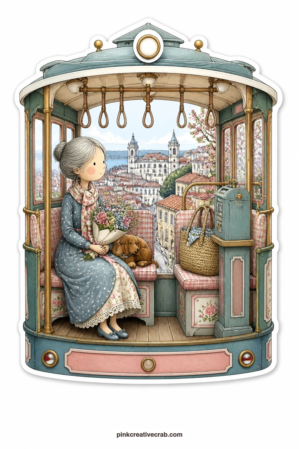The Hilly City Tram printable page — Riding a tram seat with a bunch of flowers wrapped in paper, an elderly woman keeps a small dachshund settled on her lap