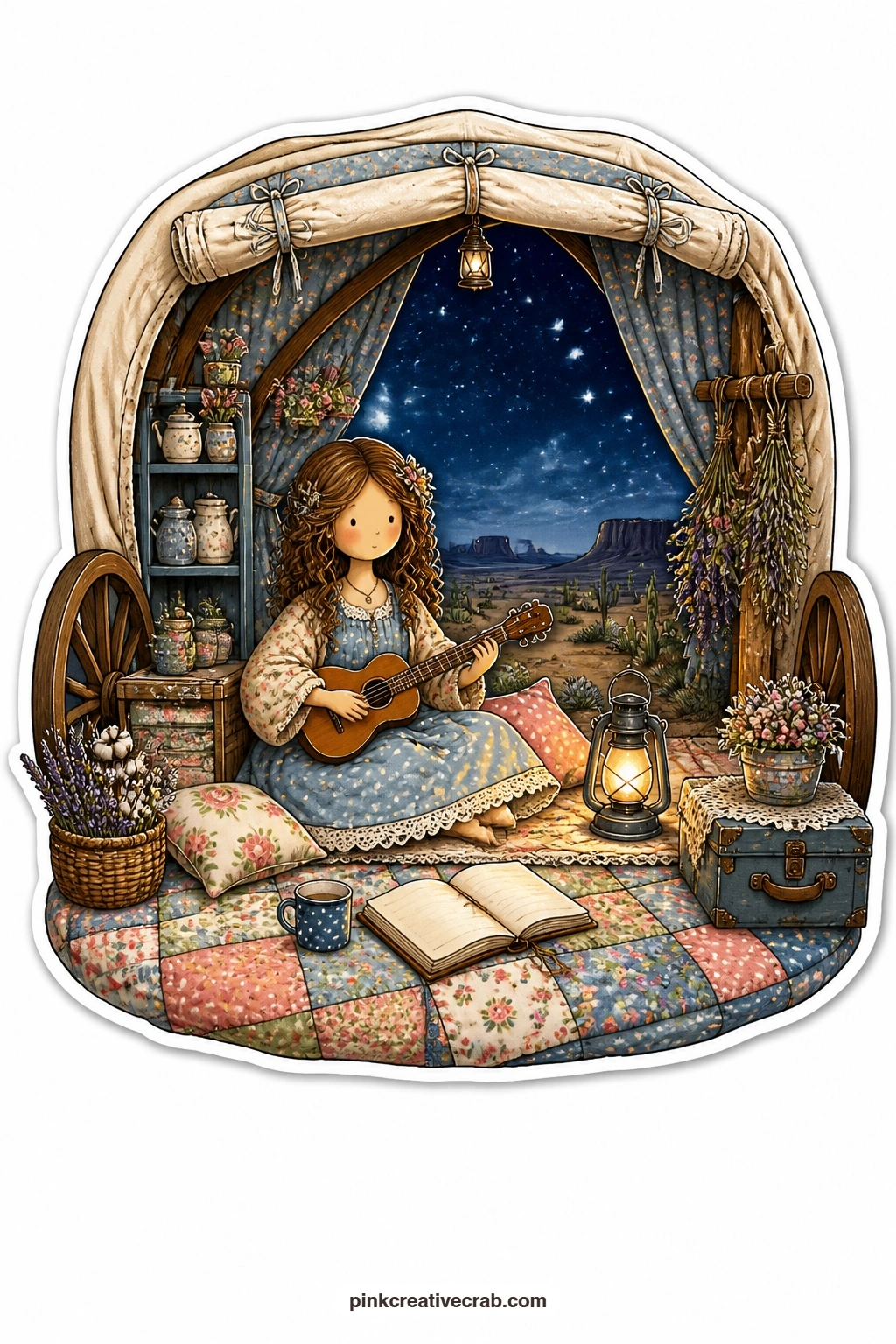 The Starlit Wagon Tent printable page — Strumming a guitar beside a glowing lantern, a young woman camps inside a canvas wagon tent, a quilt spread beneath her
