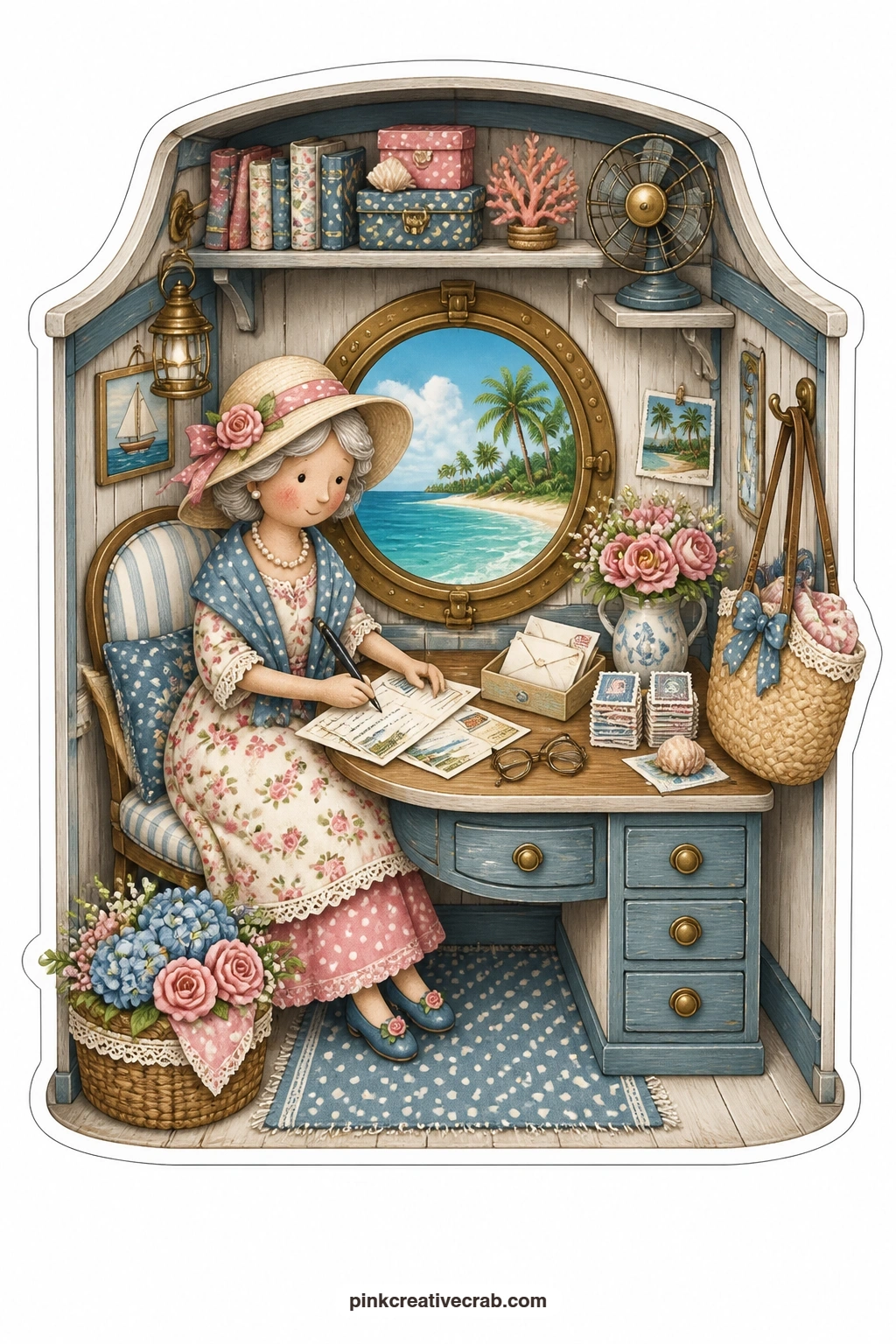 The Porthole Postcard Desk printable page — Writing postcards at a small porthole desk, an elderly woman in a sun hat pauses with pen in hand, a tropical