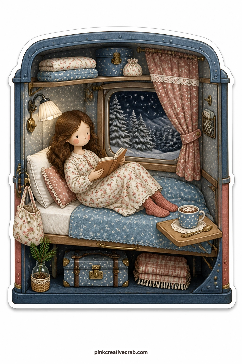 The Snowy Pines Sleeper Berth printable page — Curled up under a small reading lamp, a young woman in a sleeper train bunk turns the pages of a novel while