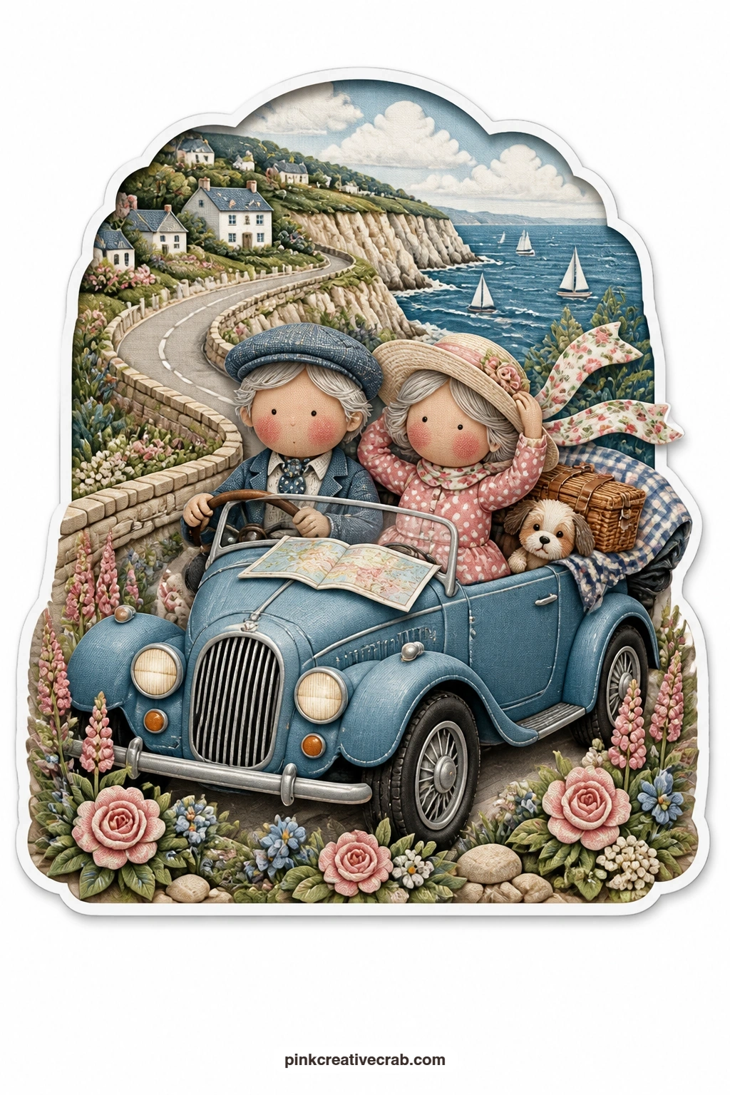 The Coastal Road Drive printable page — Driving along with the top down, an elderly couple share the front seat of a little vintage car, a wicker picnic hamper