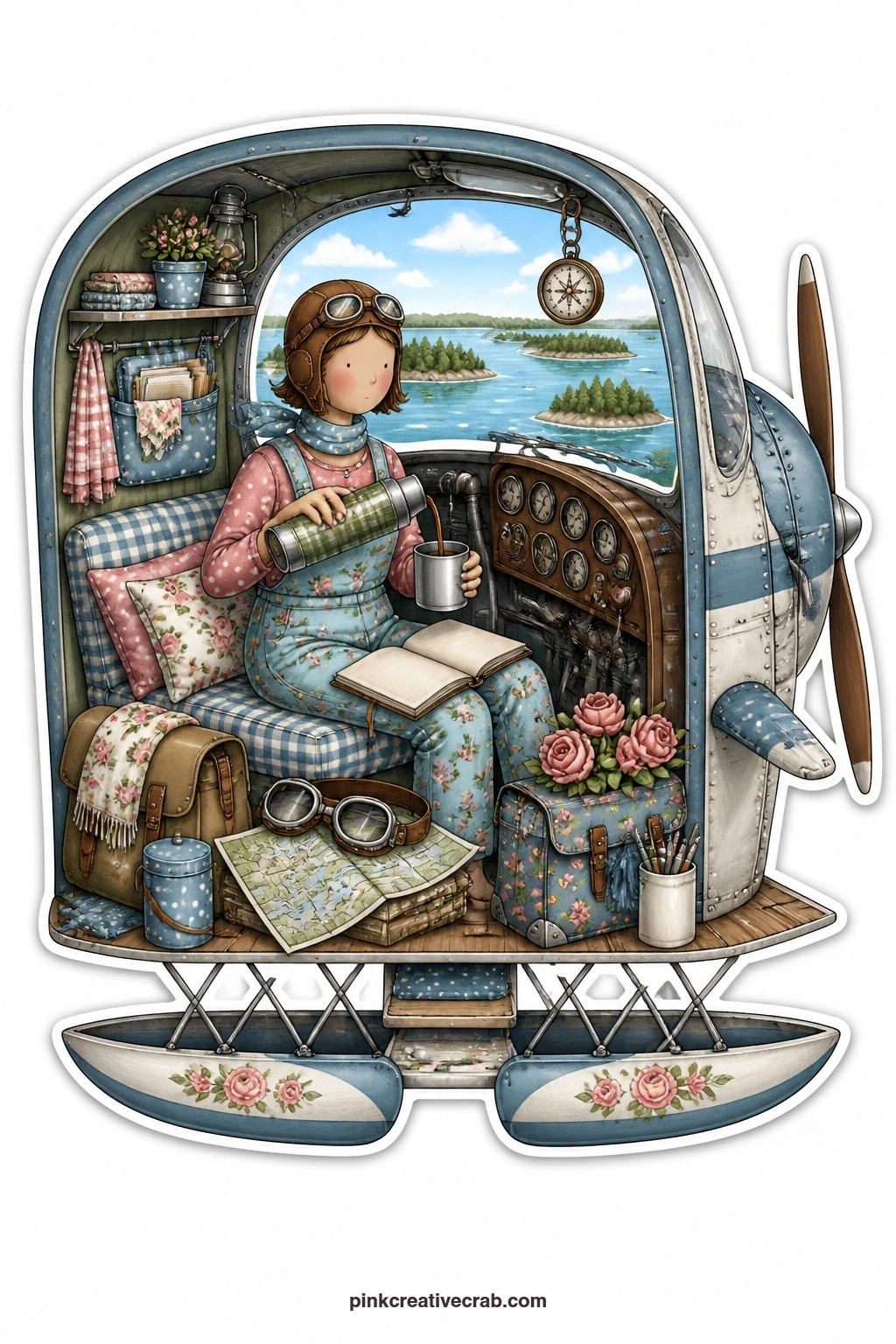 The Lake Island Seaplane printable page — Pouring coffee from a battered thermos in the cockpit of a little seaplane, a young woman pilot in a leather jacket
