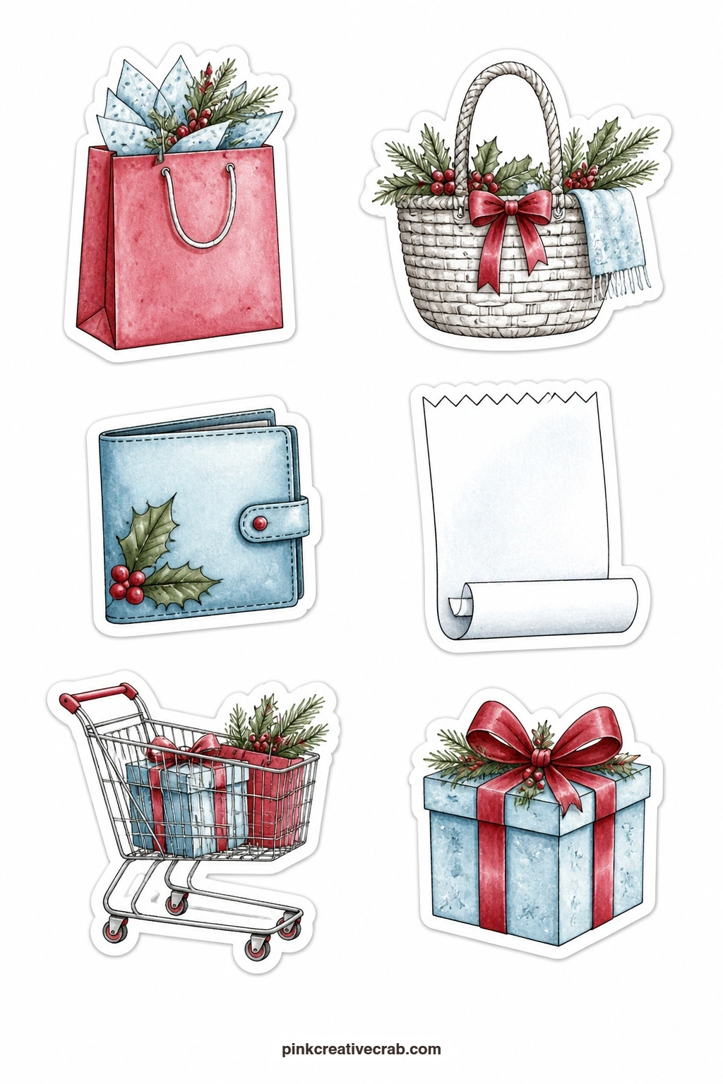 Shopping List Stickers printable page — A shopping bag, a basket, a wallet, a blank receipt shape, a cart and a gift box give you a full set for tracking