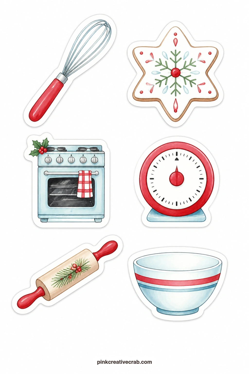 Baking Day Stickers printable page — Mark the days you bake with a whisk, a cookie, an oven, a kitchen timer, a rolling pin and a mixing bowl, and pair this