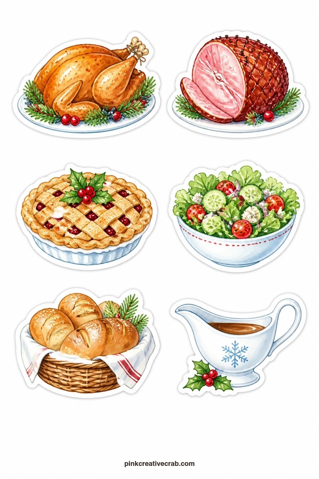 Menu Planning Stickers printable page — Roast turkey, ham, pie, salad bowl, bread basket and gravy boat let you plan the whole Christmas table at a glance, one