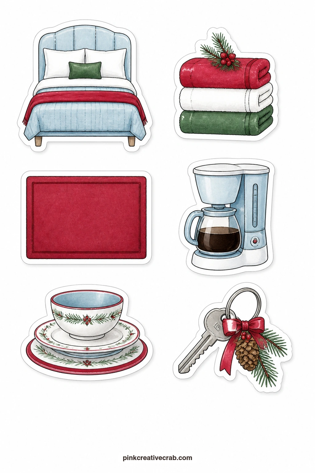 Hosting Guests Stickers printable page — For the week family arrives, a guest bed, a towel stack, a plain welcome mat, a coffee pot, a plate set and a key help