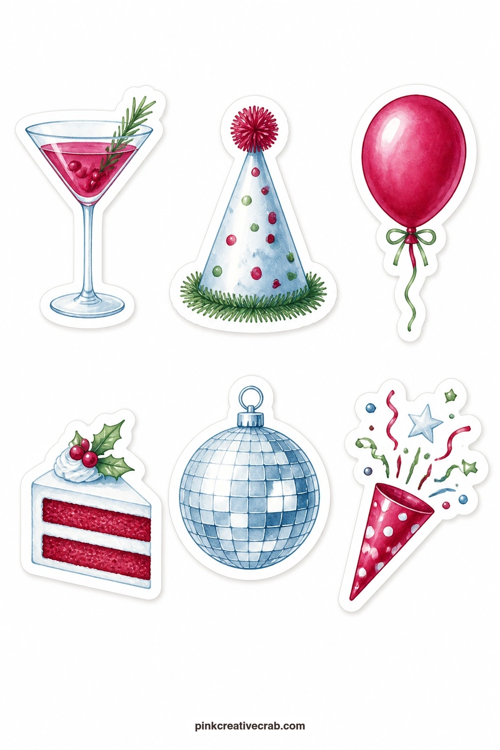 Party Planning Stickers printable page — A cocktail glass, a party hat, a balloon, a cake slice, a disco ball and a confetti cone mark every party on the