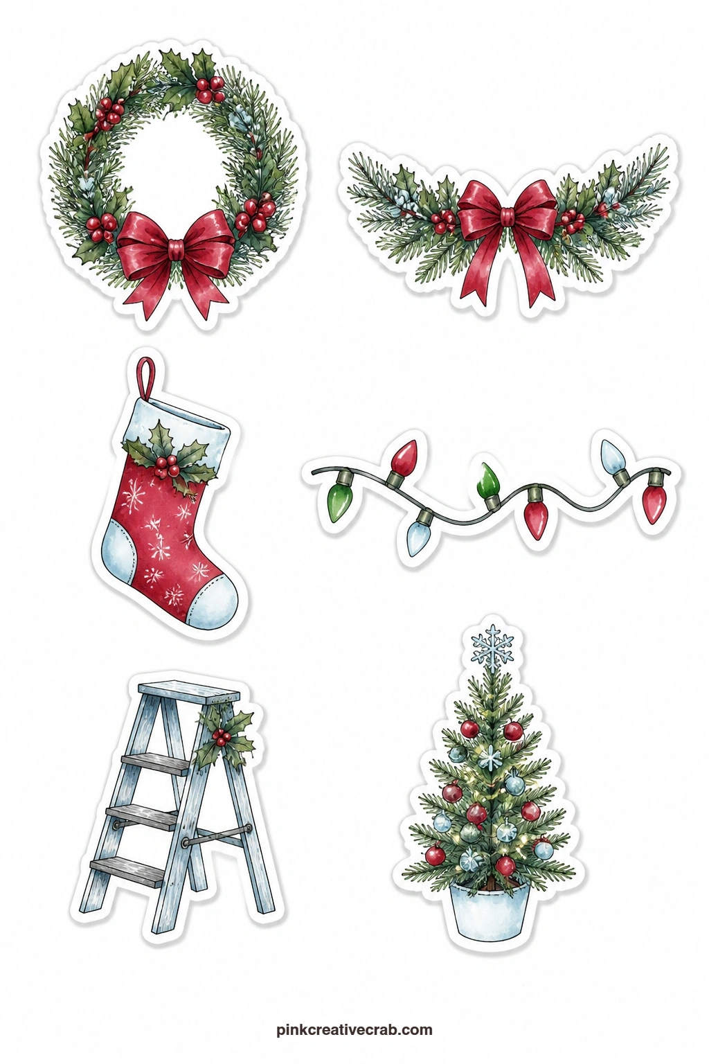 Decorating Stickers printable page — A wreath, a garland, a stocking, a string of lights, a step ladder and a tree walk you through the whole decorating list