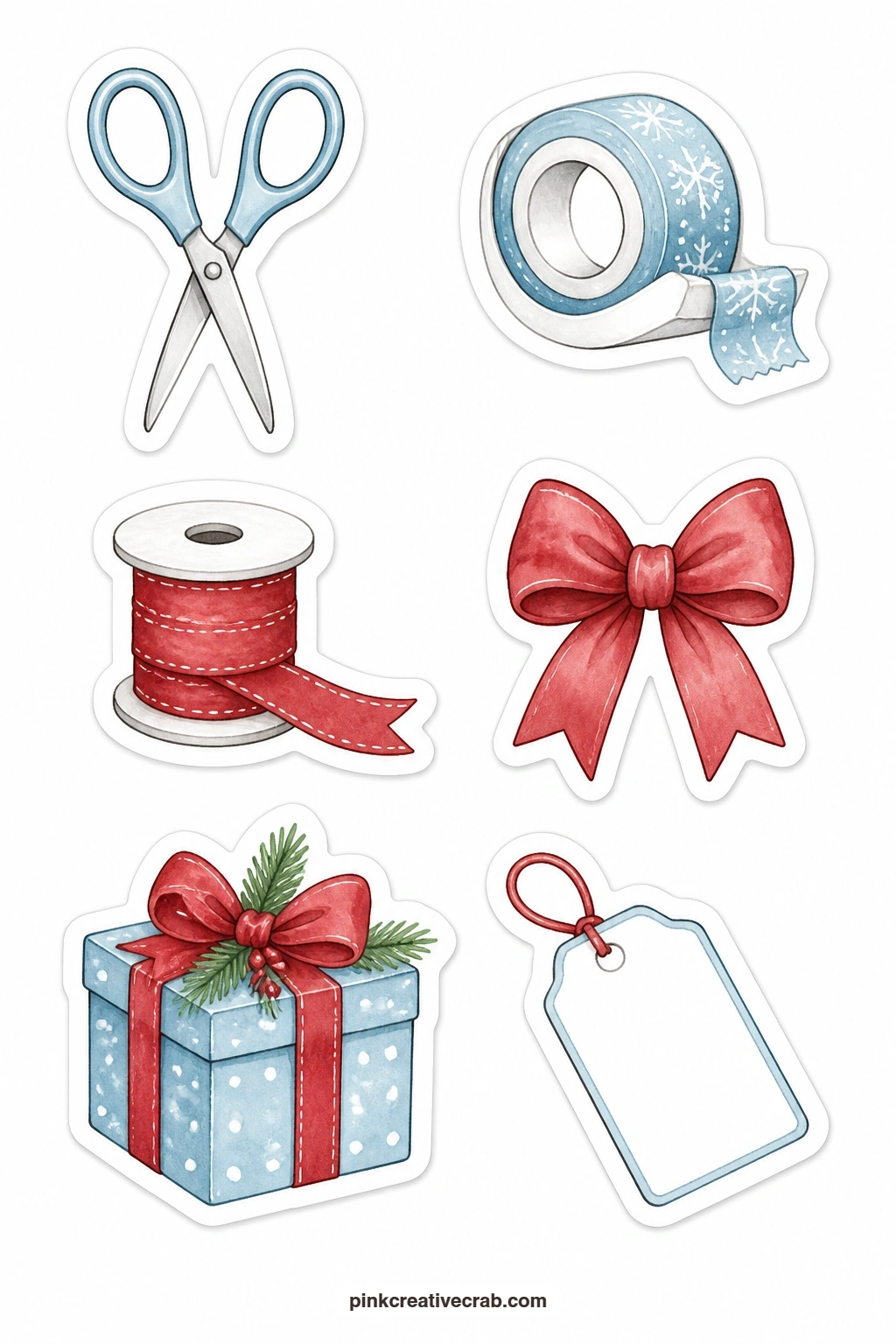 Wrap The Gifts Stickers printable page — Scissors, a tape roll, a ribbon spool, a bow, a wrapped box and a blank tag cover the whole wrapping station, and that