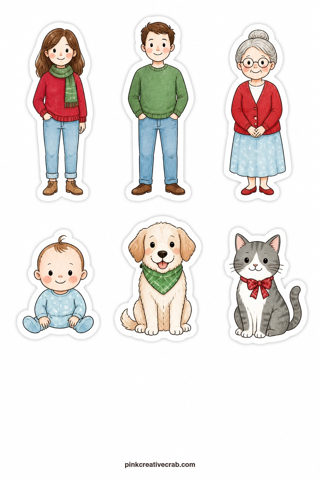 Gift List People Icons printable page — A little mom figure, a dad figure, a grandma with glasses, a baby, a dog and a cat let you tag each gift by recipient