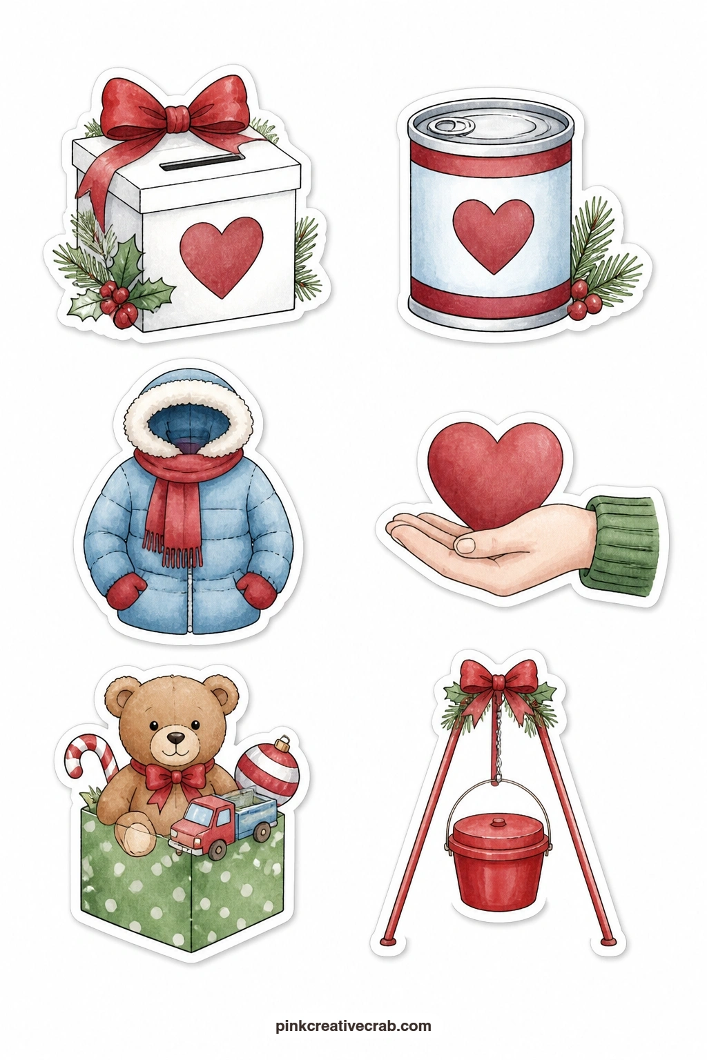 Charity And Giving Stickers printable page — A donation box, a food can, a warm coat, a heart in a hand, a toy drive bear and a bell ringer kettle mark the