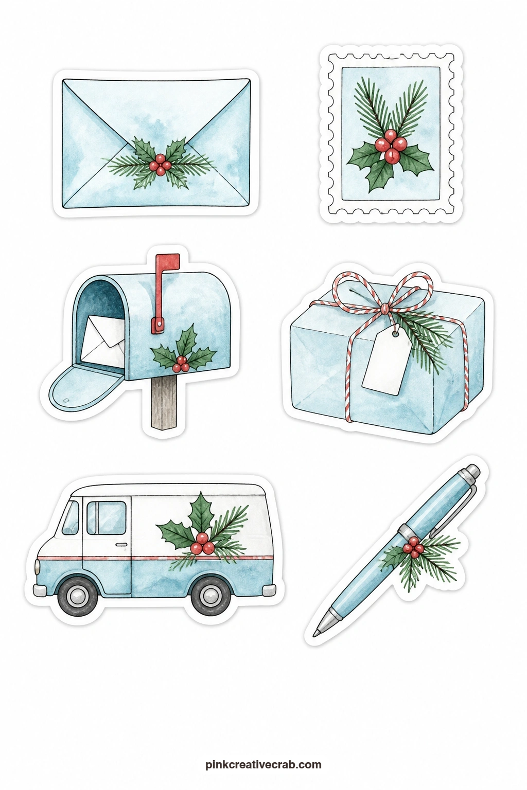 Mail Day Stickers printable page — An envelope, a stamp, a mailbox, a parcel, a postal van and a pen cover every stage of sending cards and packages, so you